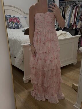 Strapless Pink Floral Tiered Maxi Dress